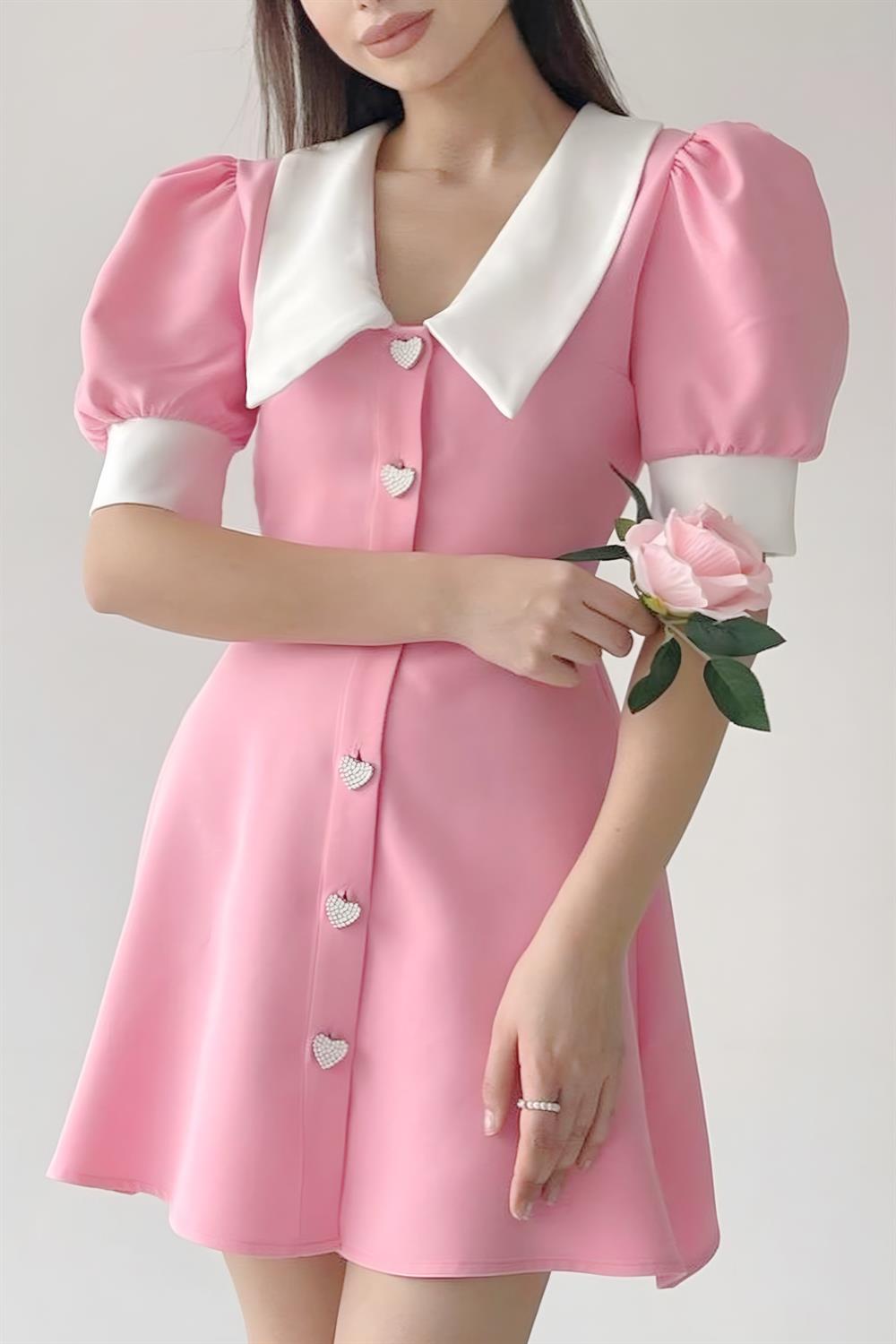 Taşlı Kalp Düğme Lolita Elbise