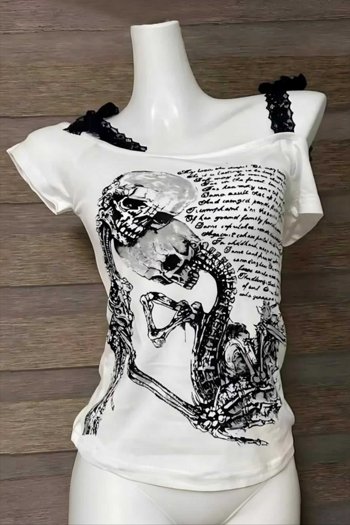 White Dantel Askılı Skulls Bluz