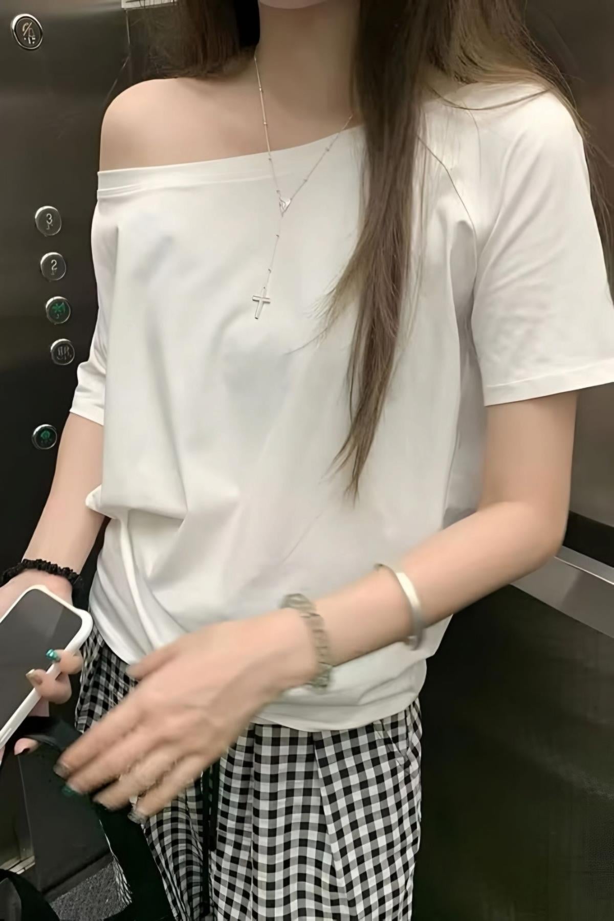 White Düşük Omuz Oversize T-shirt