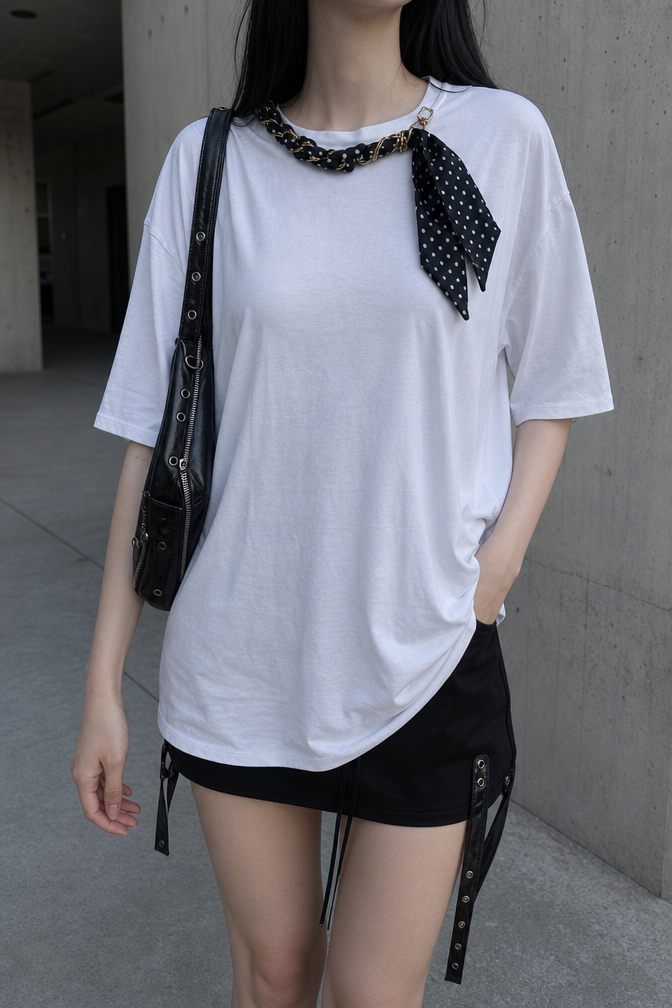 White Fular Aksesuarlı Oversize Tshirt