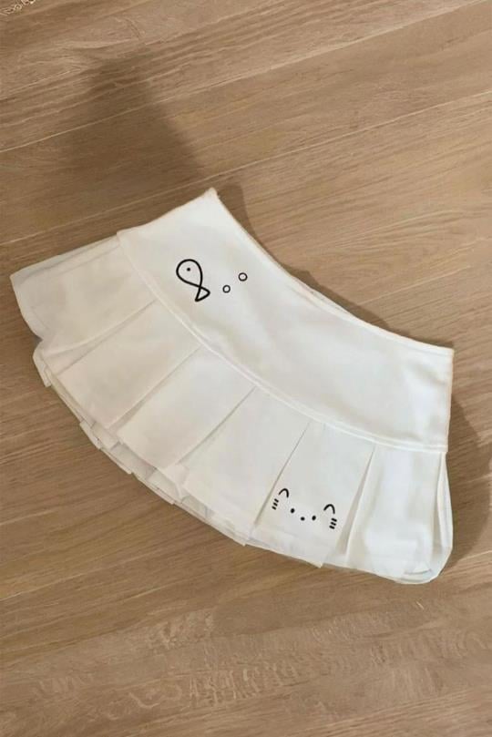 White Pileli Cat Baskılı Şort Etek