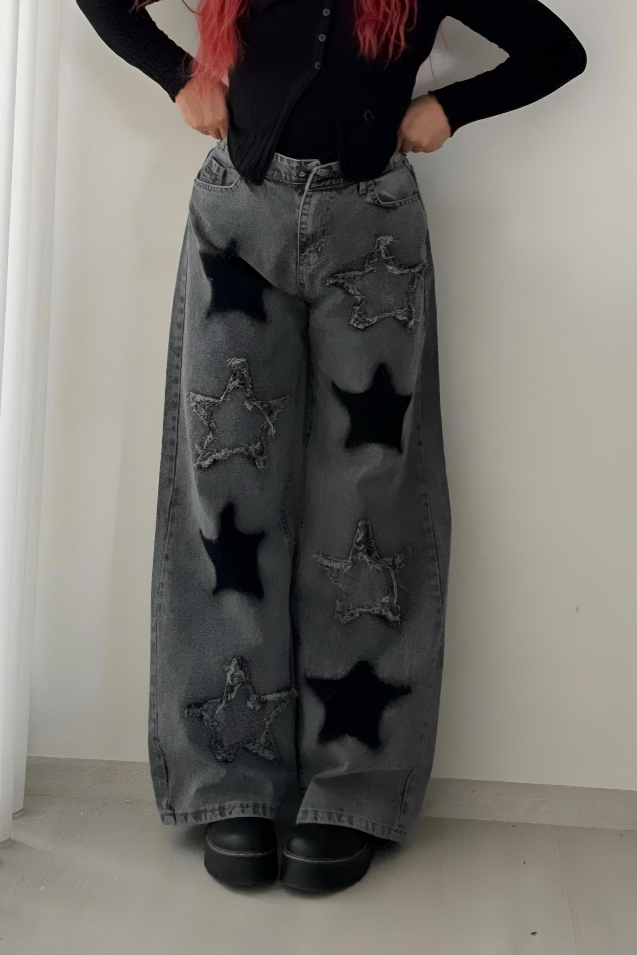 Y2K Füme Star Bol Paça Pantolon