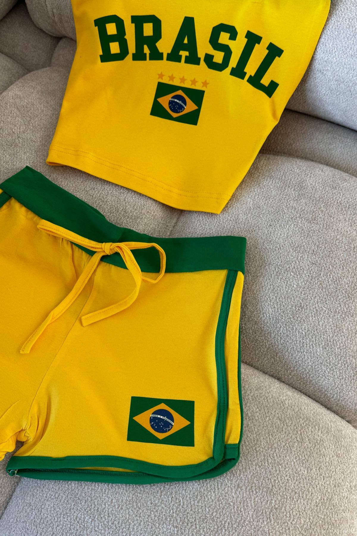 Yellow Brasil Şortlu Crop Takım