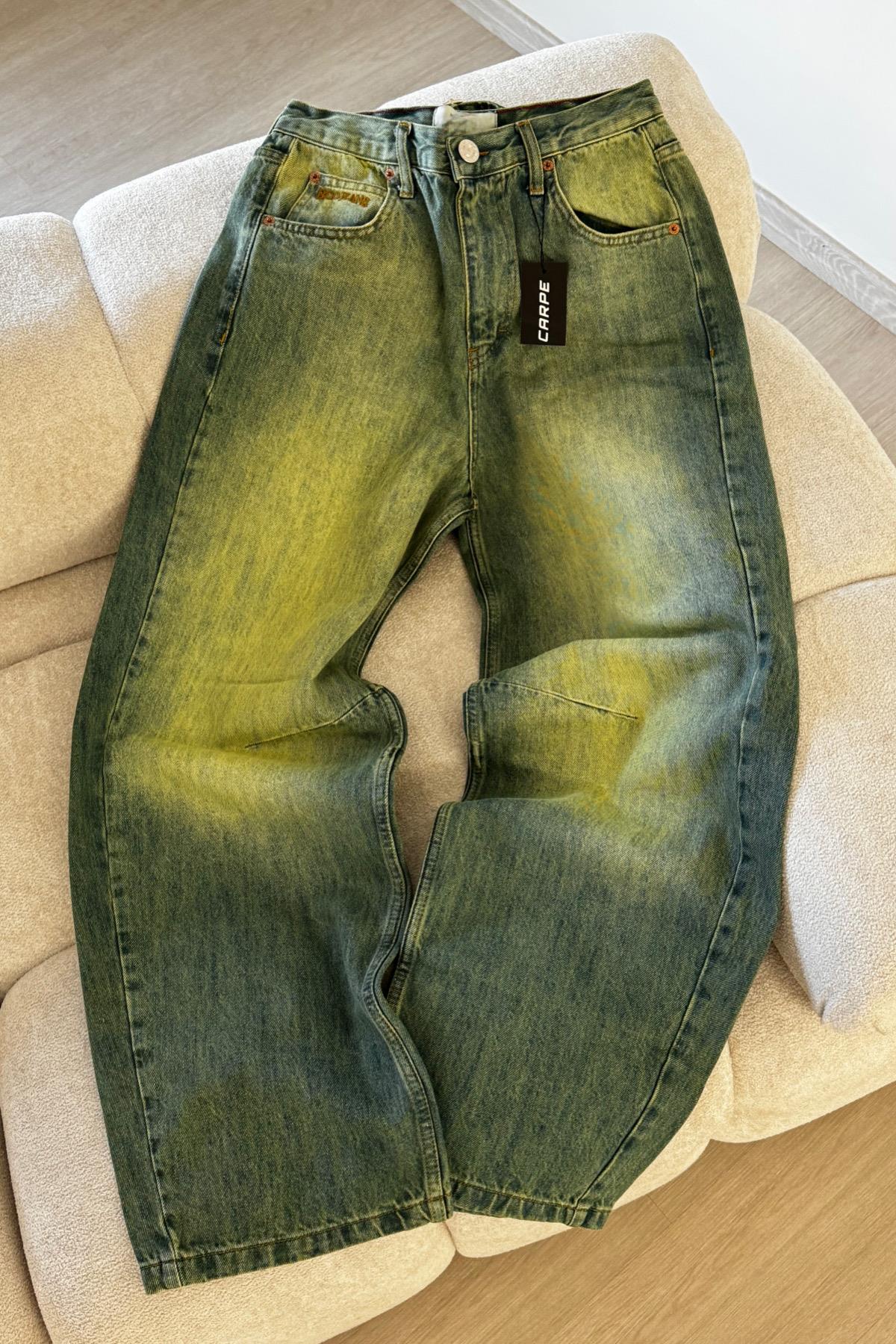Yeşil Yıkamalı Tokalı Jean