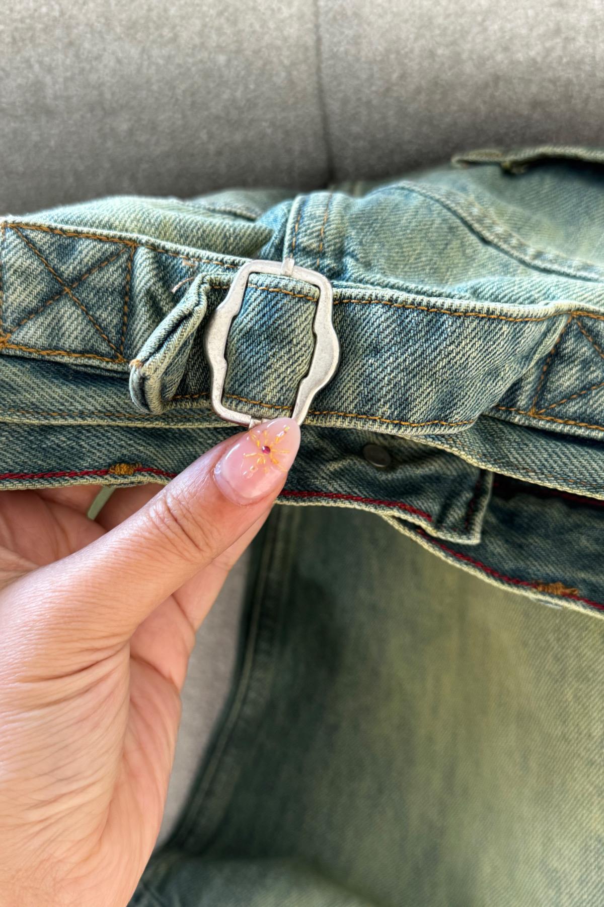 Yeşil Yıkamalı Tokalı Jean
